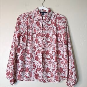A Love Story Red and Off White Paisley-Floral pattern Long Sleeve Blouse Small